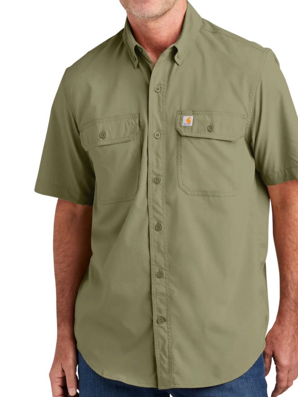 Carhartt Force  solid Olive Green Short-Sleeve Button-Down Work Shirt USF